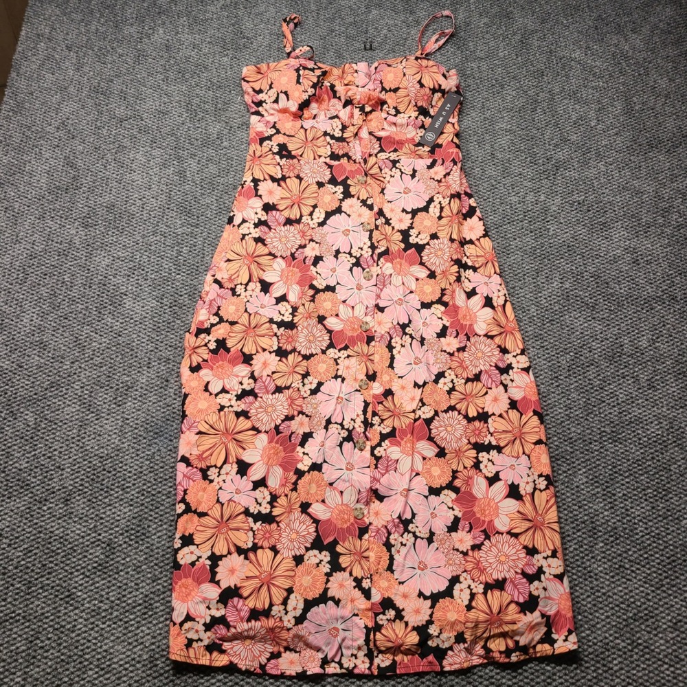 As U Wish Girls XL Floral Button Down Midi Dress Pink Orange Tie Front NWT